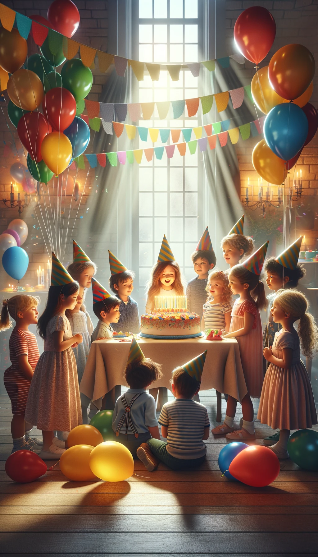DALL·E 2024-02-21 12.35.35 - Create a photorealistic, vertical image of children celebrating a birthday party in a warmly lit room adorned with vibrant decorations. The scene incl